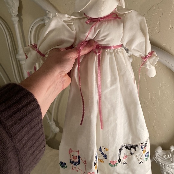 Handmade simple rabbit doll with pretty hand embroidered dress cow pig chicken - Picture 2 of 14